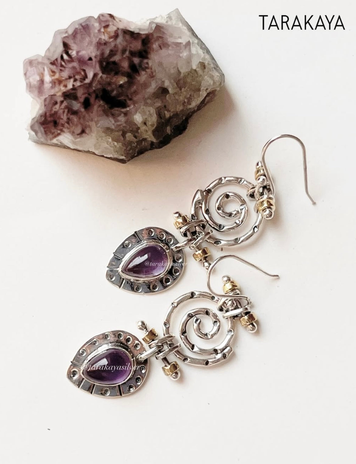 Elegant amethyst spiral fusion earrings in handcrafted 925 silver  