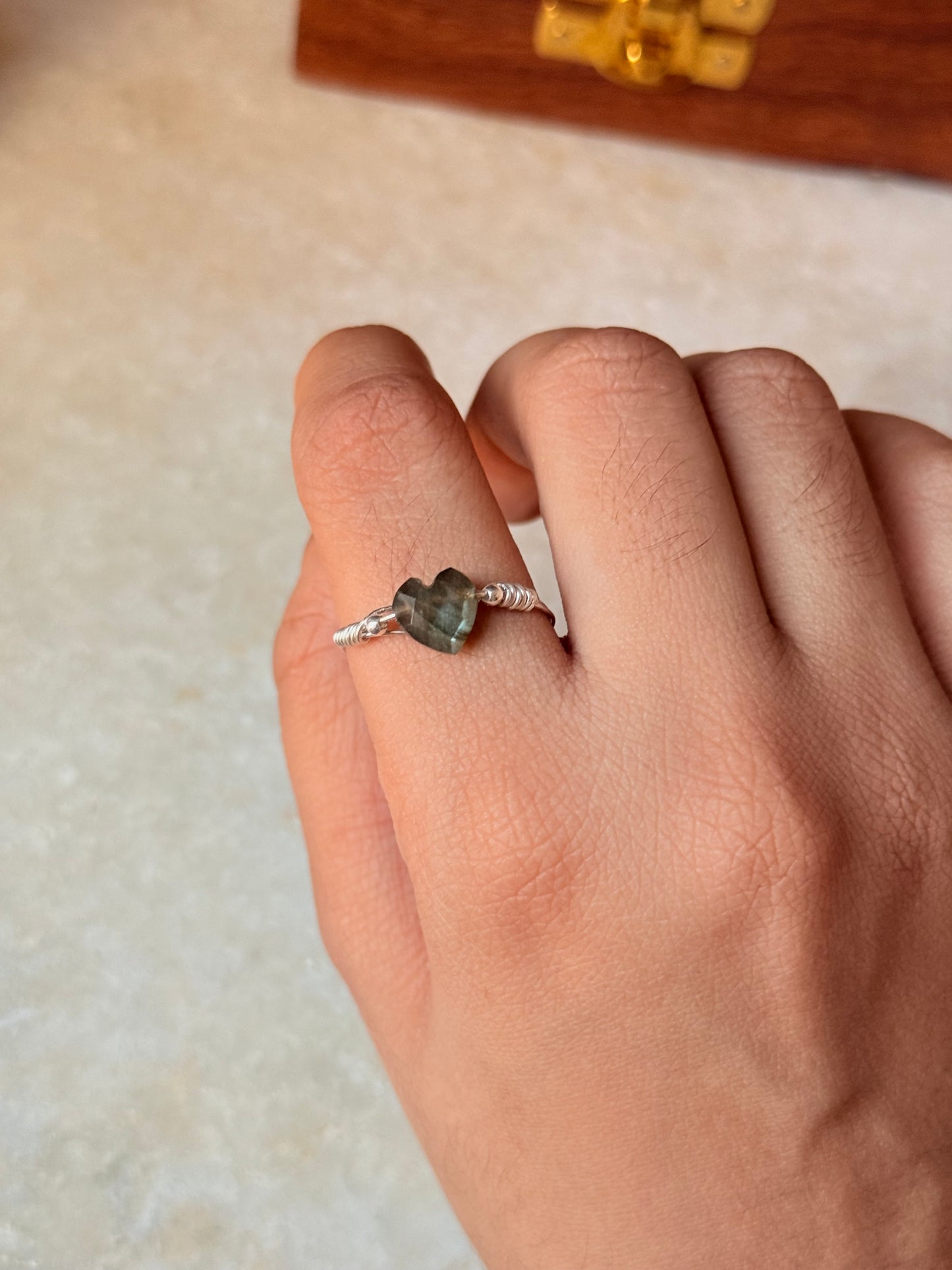 925 Sterling Silver Labradorite Heart Wire Wrapped Handcrafted Ring