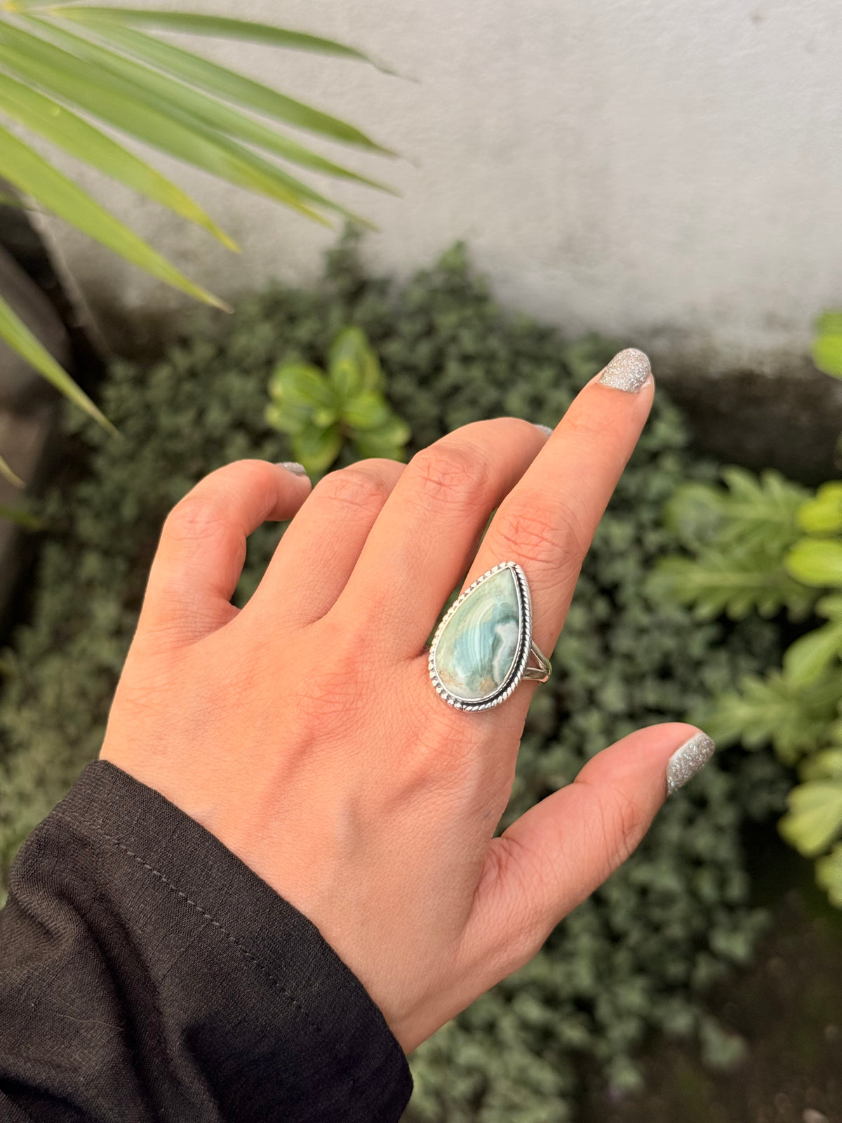 925 Sterling Silver Blue Agate Pear Boho Ring