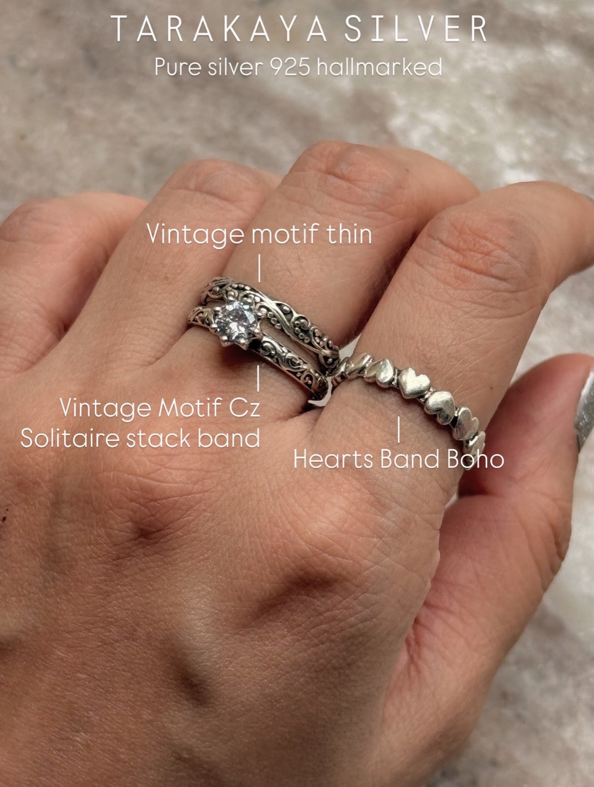 925 Sterling Silver Vintage Motif Cz Solitaire Stack Band Ring