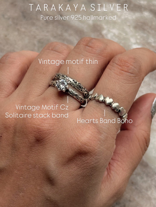 925 Sterling Silver Vintage Motif Cz Solitaire Stack Band Ring