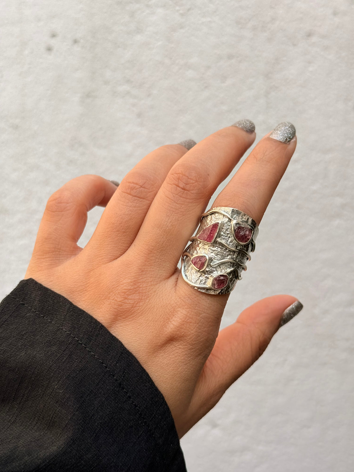925 Sterling Silver Pink Tourmaline Raw Uncut Textured Rustic Handcrafted Ring