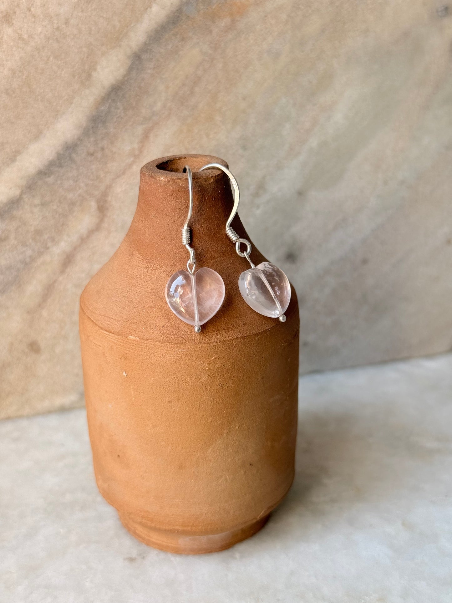 925 Sterling Silver Rose Quartz Heart Crystal Hook Earrings