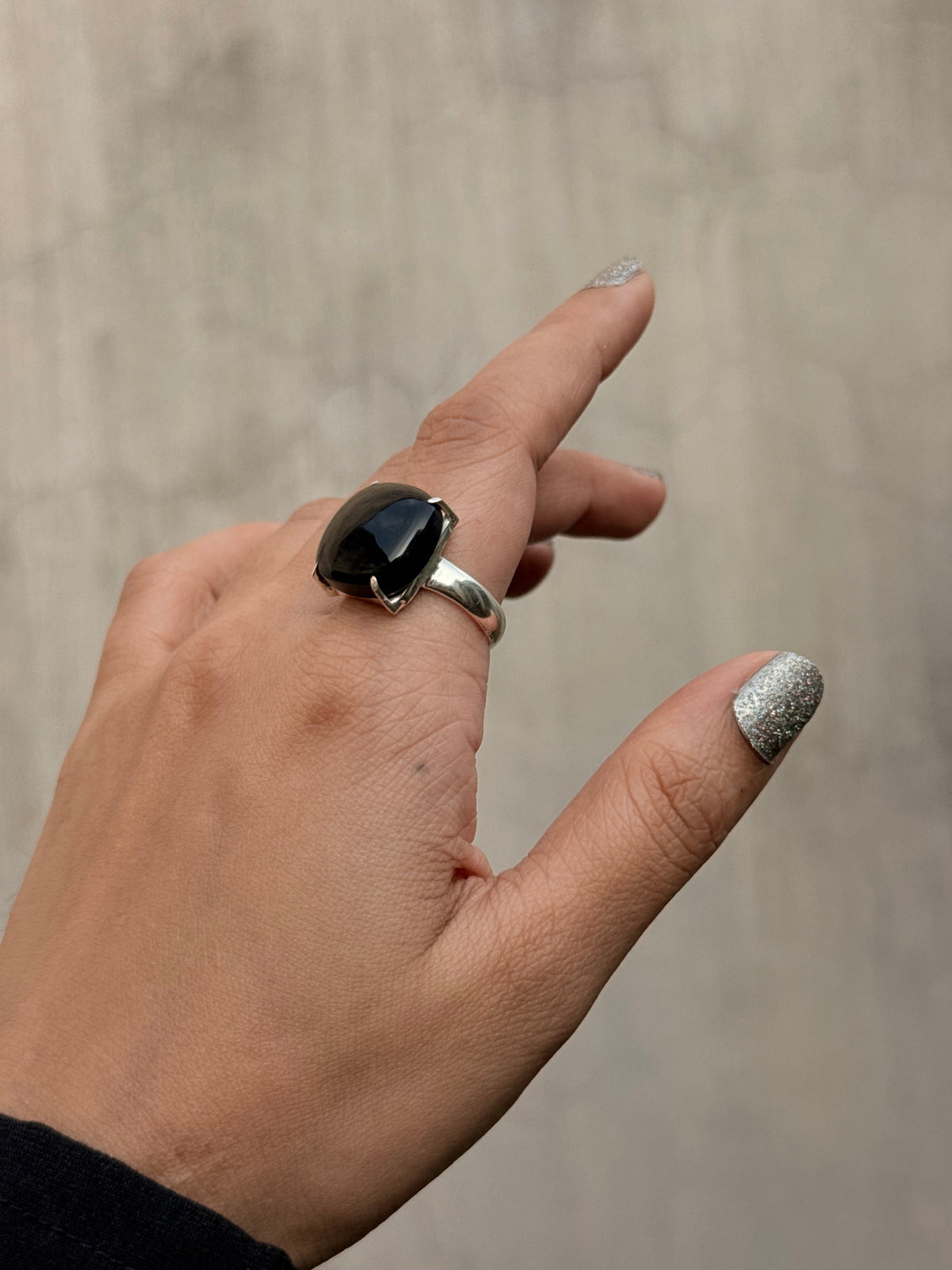 925 Sterling Silver Black Onyx Square Prong Setting Contemporary Style Ring