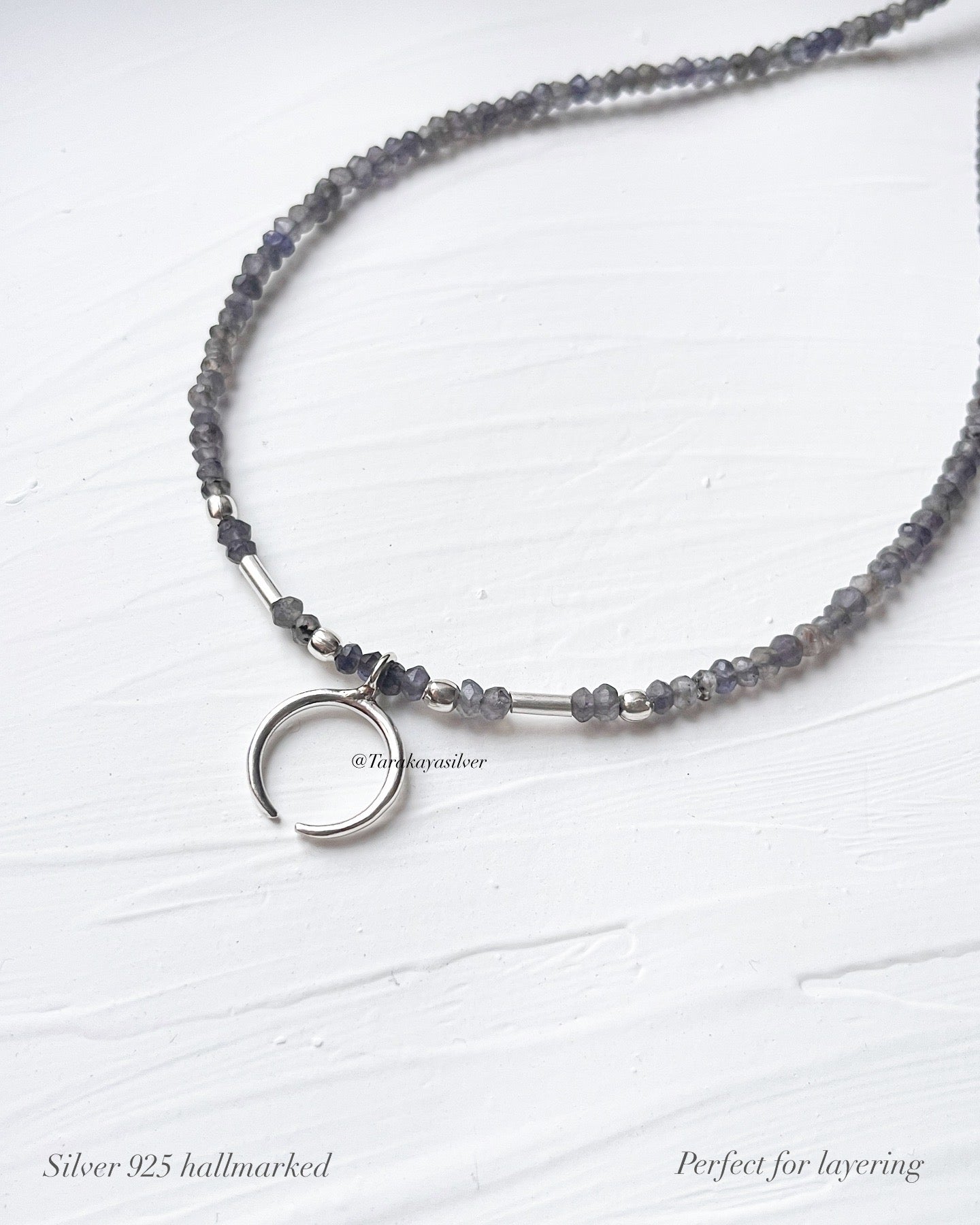 Iolite 3mm Faceted Natural Crystal with Crescent Moon 925 Sterling Silver Boho Necklace