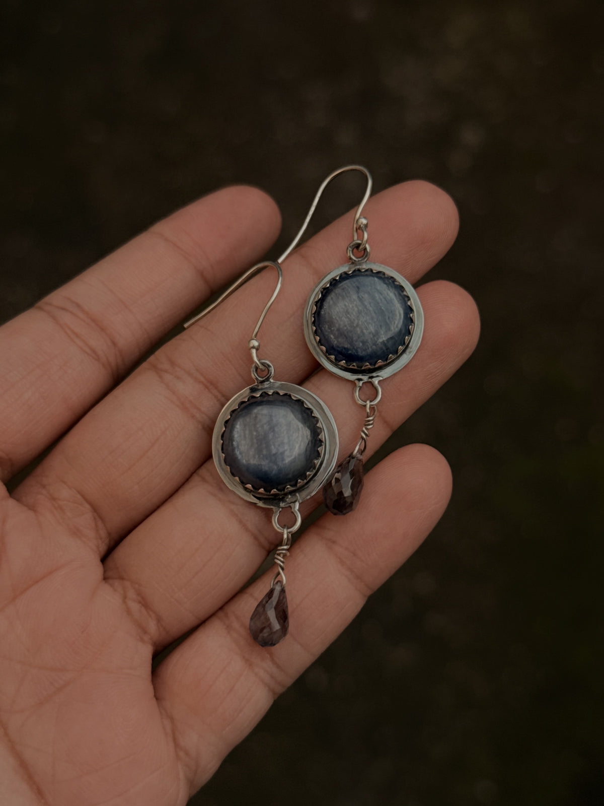 925 Sterling Silver Round Kyanite & Iolite Drop Gothic Rustic Hook