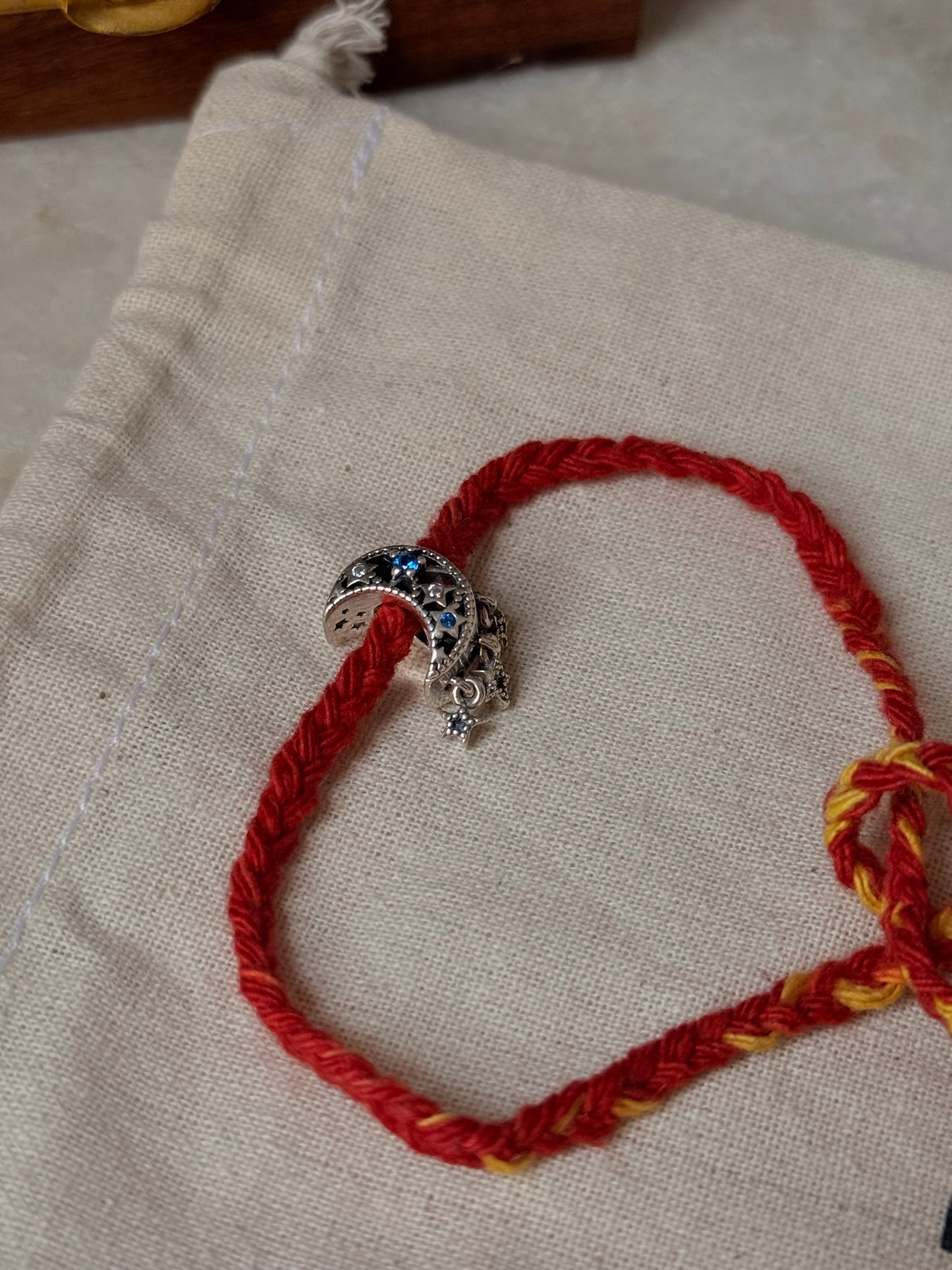 925 Sterling Silver Moon Stars Charm Rakhi ~ Reusable as Pendant/Bracelet Charm Handcrafted Rakhi