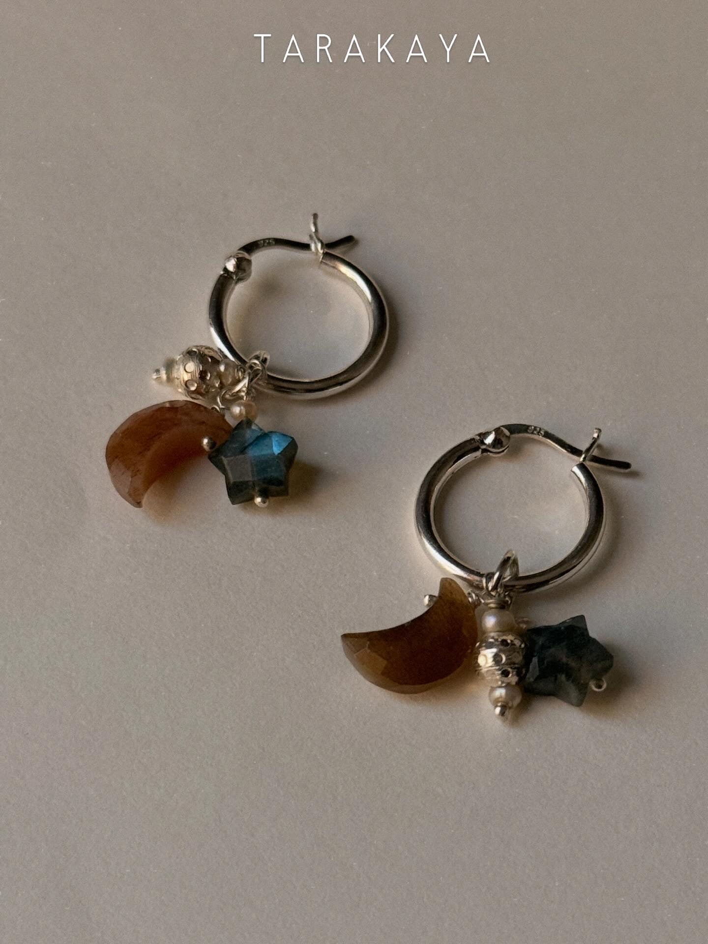 925 Sterling Silver Golden Moonstone Moon, Labradorite Star and Fresh Water Pearls with Silver Disco Beads Handcrafted Hoops