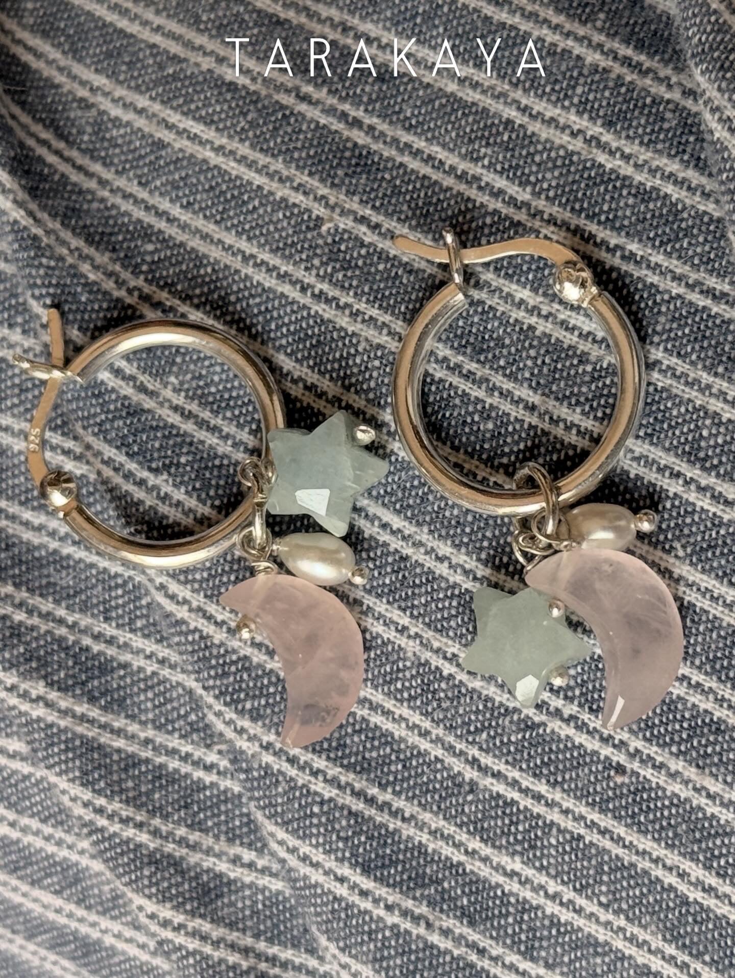925 Sterling Silver Rose Quartz Moon, Aquamarine Star and Fresh Water Pearl Handcrafted Hoops