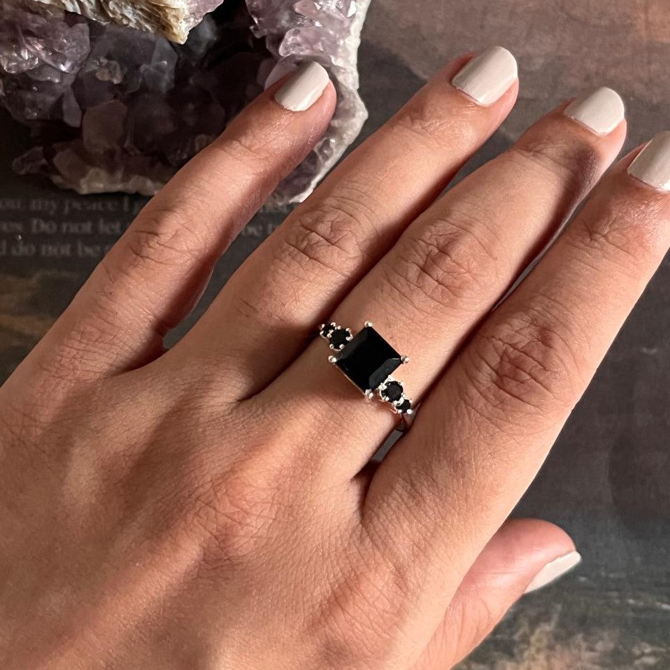 Elegant Square Cut Black Onyx Ring in Silver