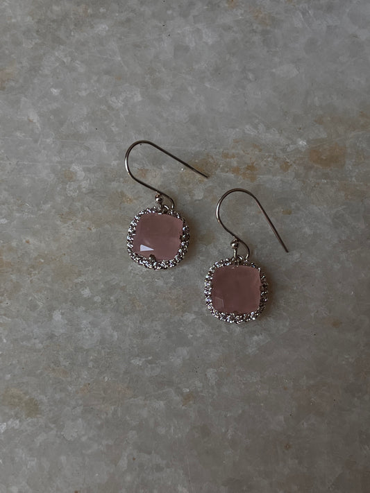 Rose Quartz Cushion Cut Halo Cz  925 Sterling Silver Earrings