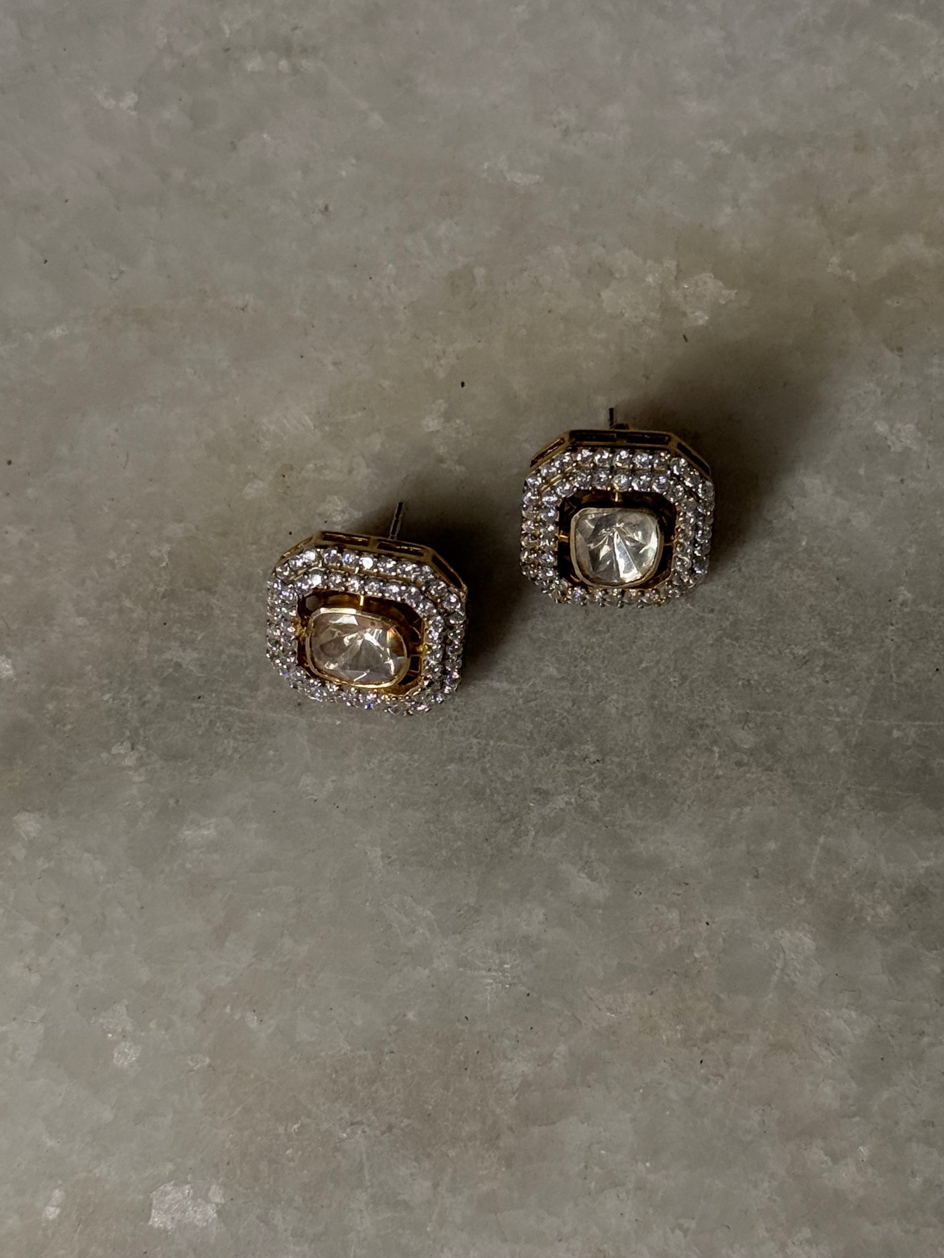 Elegant 925 Sterling Silver Gold Plated Antique Polki Square Stud Earrings