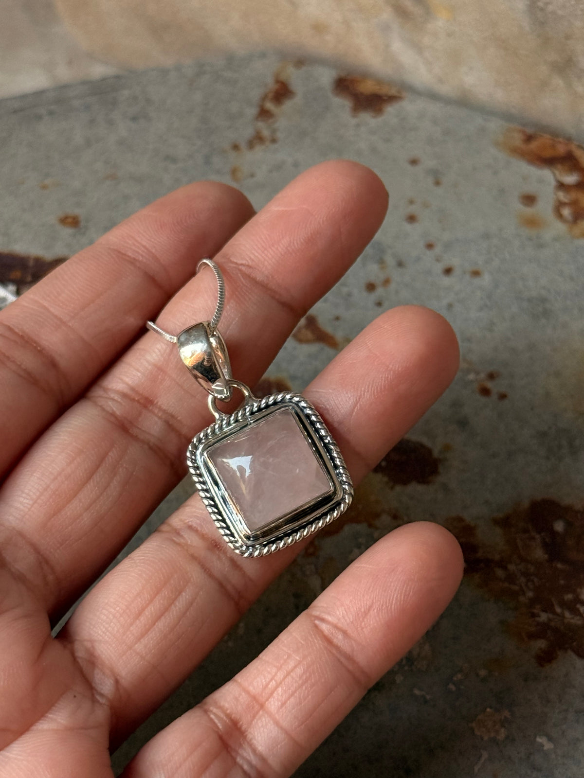 925 Sterling Silver Rose Quartz Square Pendant