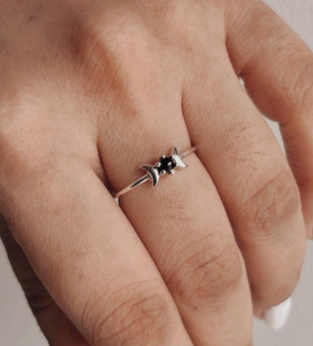 Minimal Silver Ring Featuring Black Onyx Moon Phases