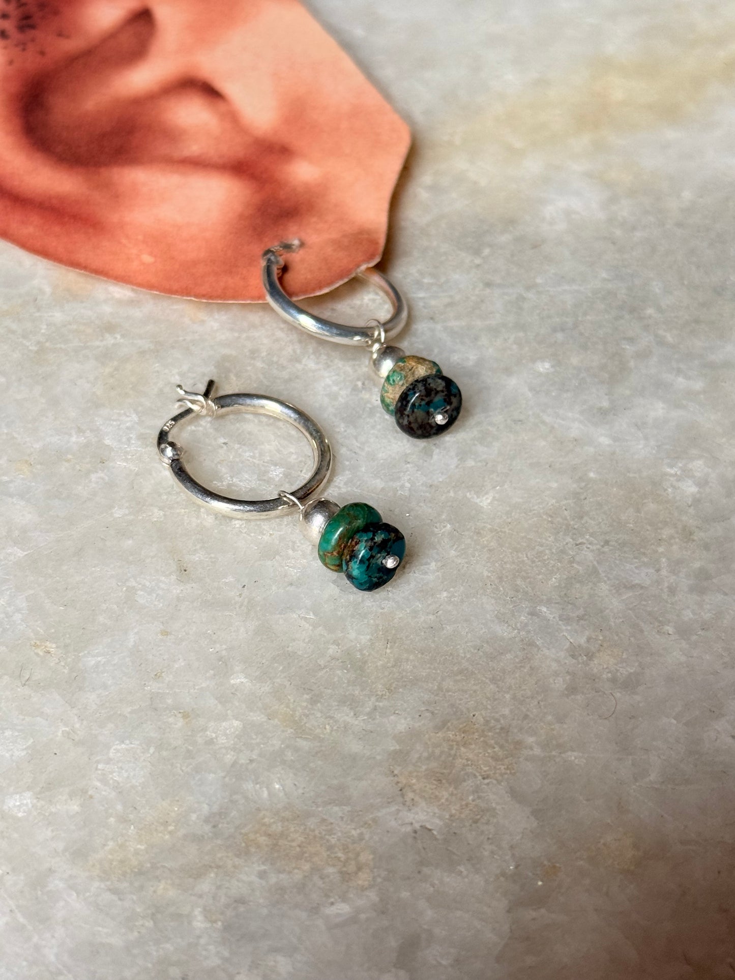 925 Sterling Silver Kingsman Turquoise With Silver Balls Tribal Handcrafted Italian Hoops