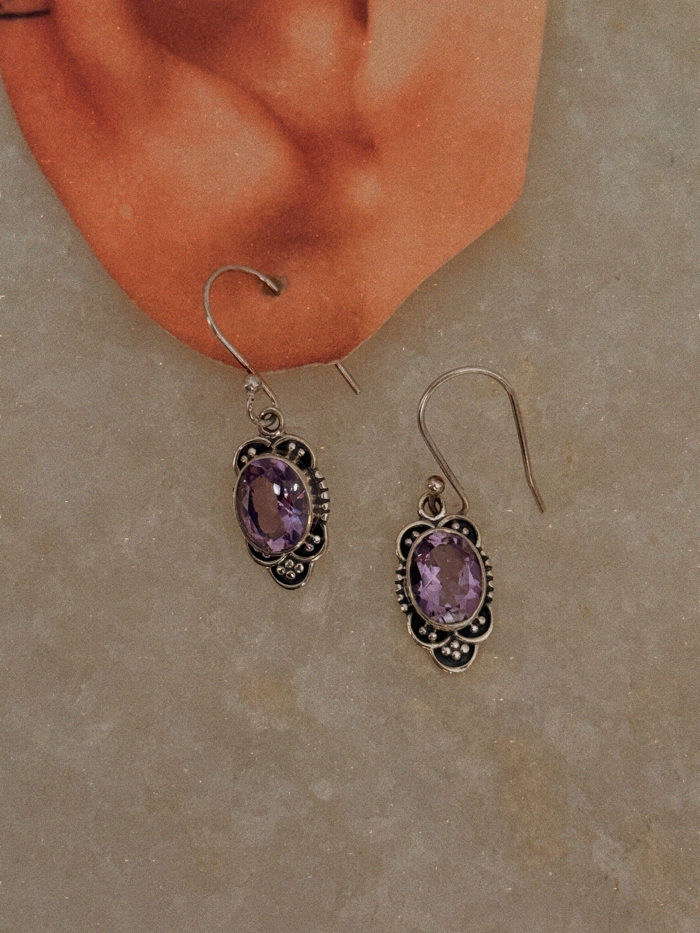 Oval amethyst boho rawa hook earrings in sterling silver