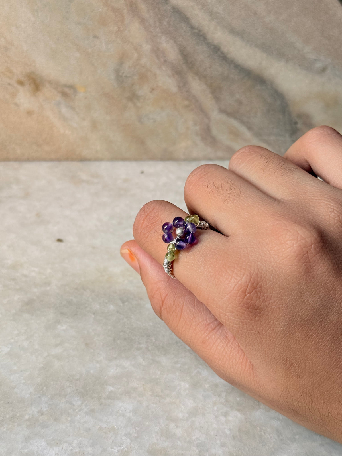 925 Sterling Silver Amethyst & Peridot Floral Wire Wrapped Handcrafted Ring