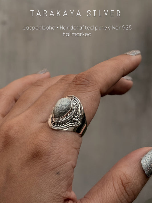 925 Sterling Silver Jasper Pear Handcrafted Boho Ring