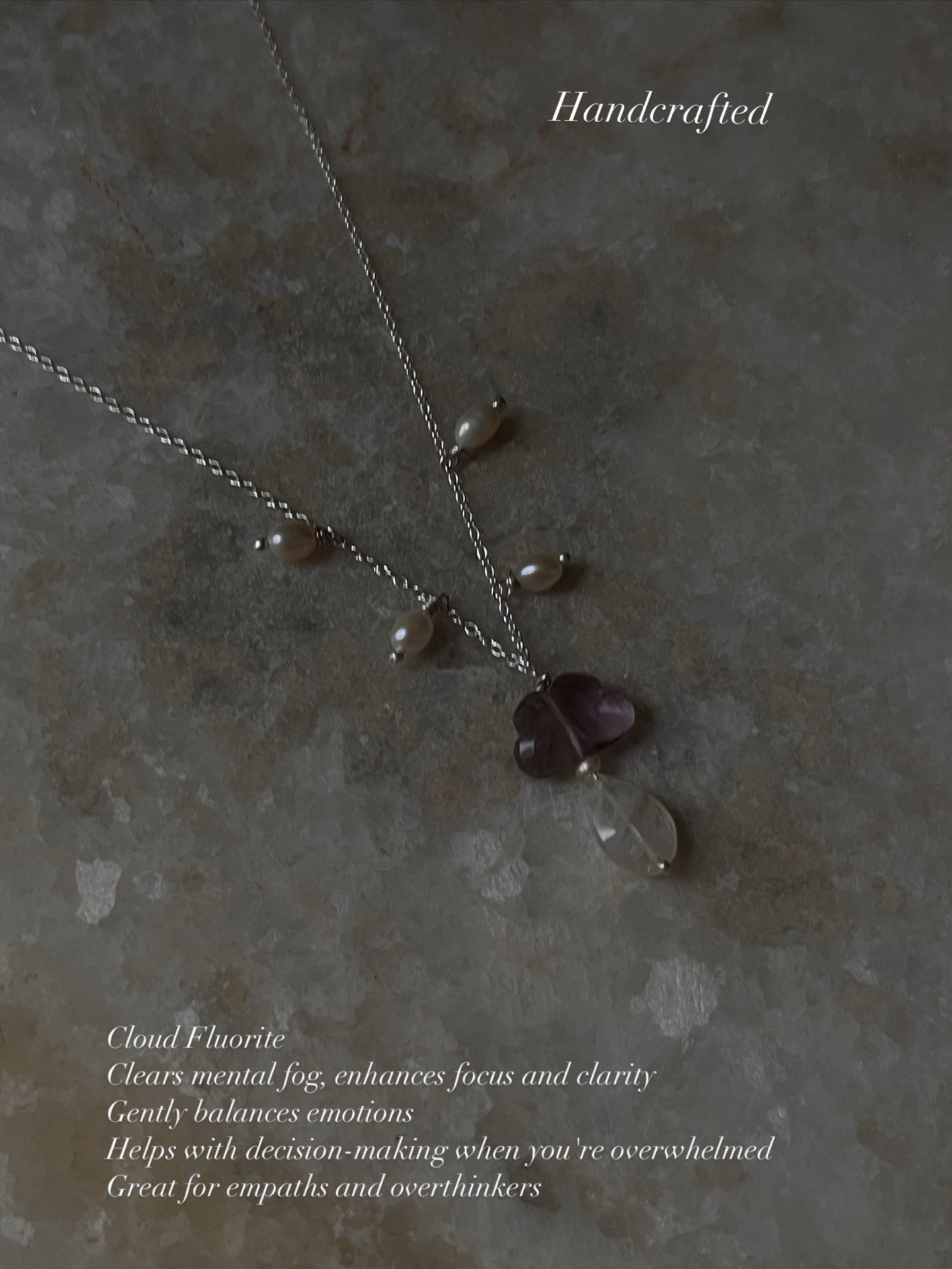 925 Sterling Silver Necklace with Fluorite Cloud, Moonstone and Pearls  