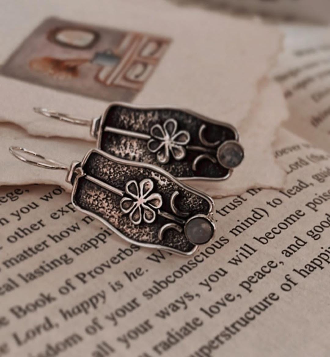 Moonstone Rustic Flower Design Hook Earrings for Bold Style