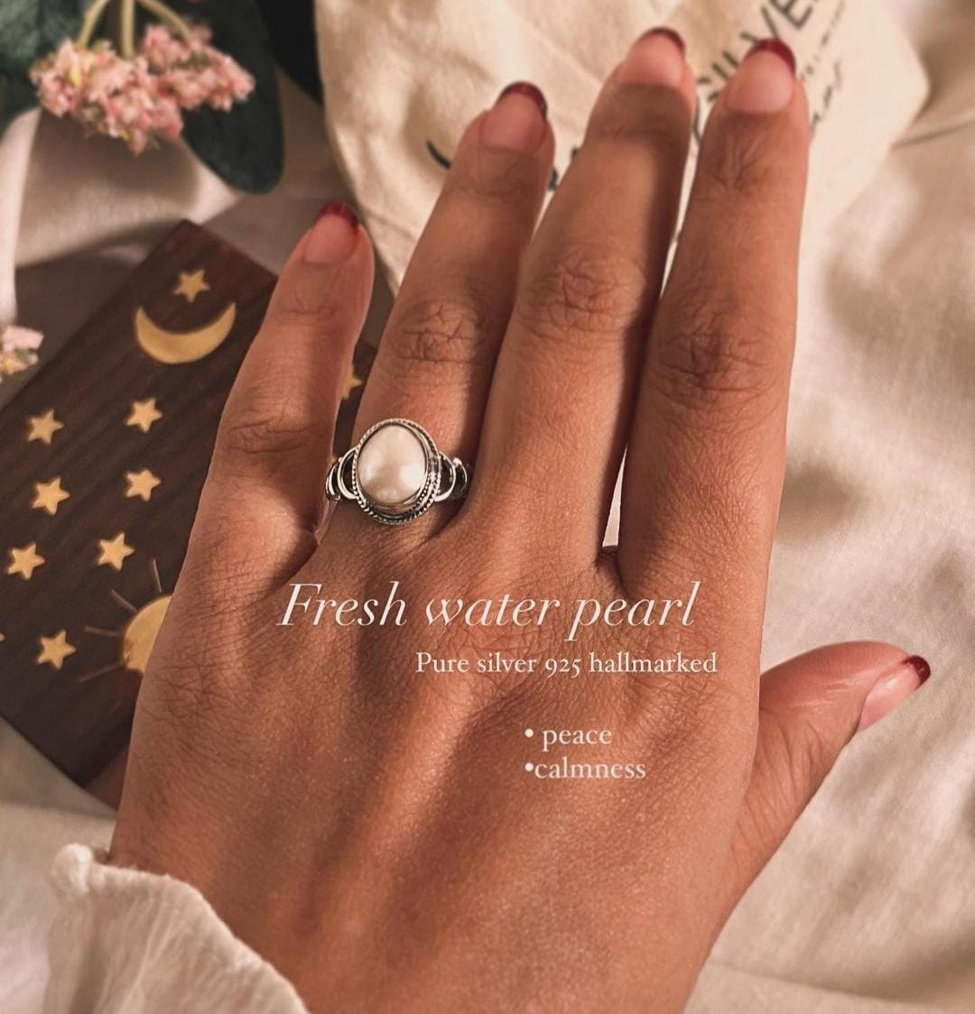 Boho Style Oval Fresh Water Pearl Silver Ring