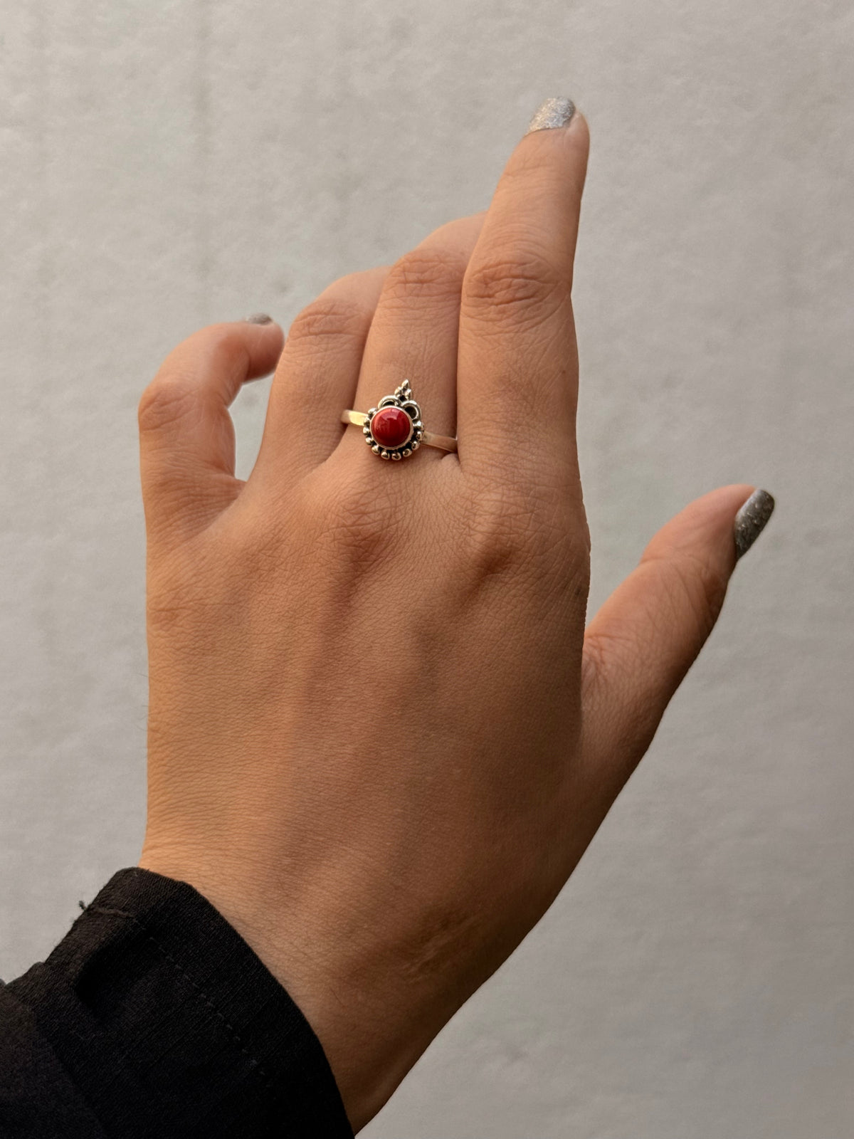 925 Sterling Silver Red Coral Boho Ring