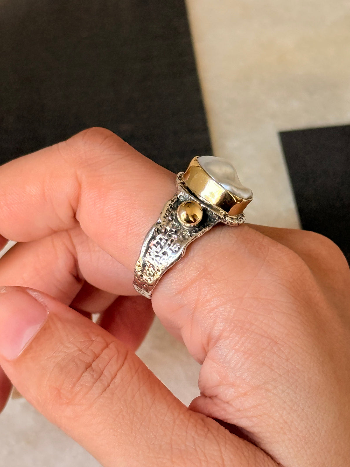 925 Sterling Silver Baroque Pearl Rustic Fusion Handcrafted Ring