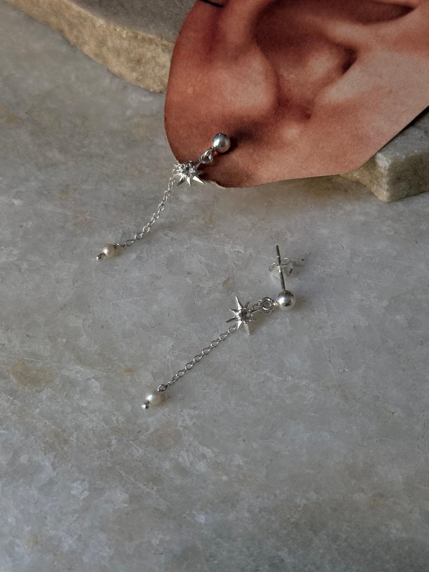 925 Sterling Silver Fresh Water Pearls Connector Chain With North Star White Topaz Charm Studs Earrings