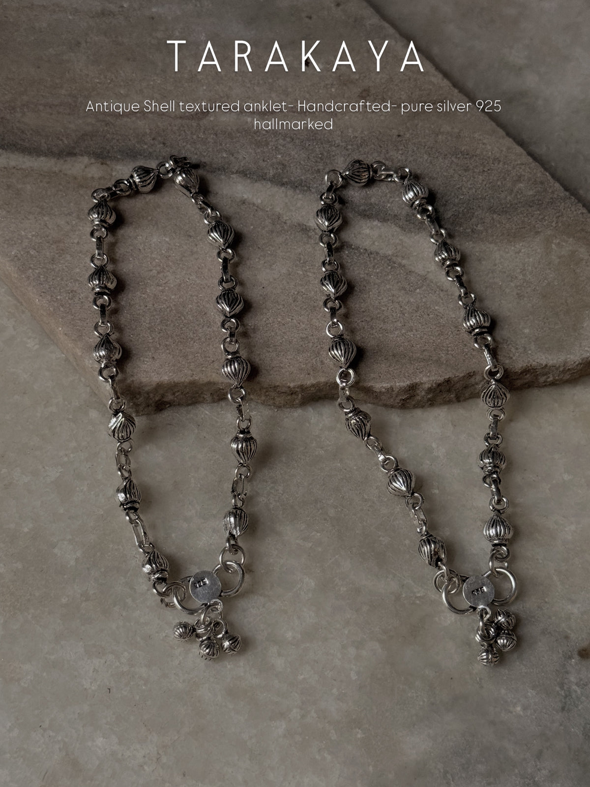 925 Sterling Silver Tribal Shell Textured Balls Handcrafted Anklet