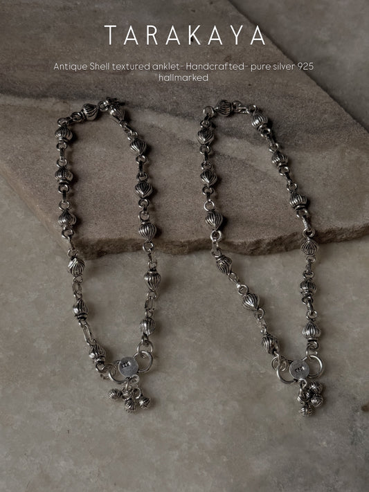 925 Sterling Silver Tribal Shell Textured Balls Handcrafted Anklet