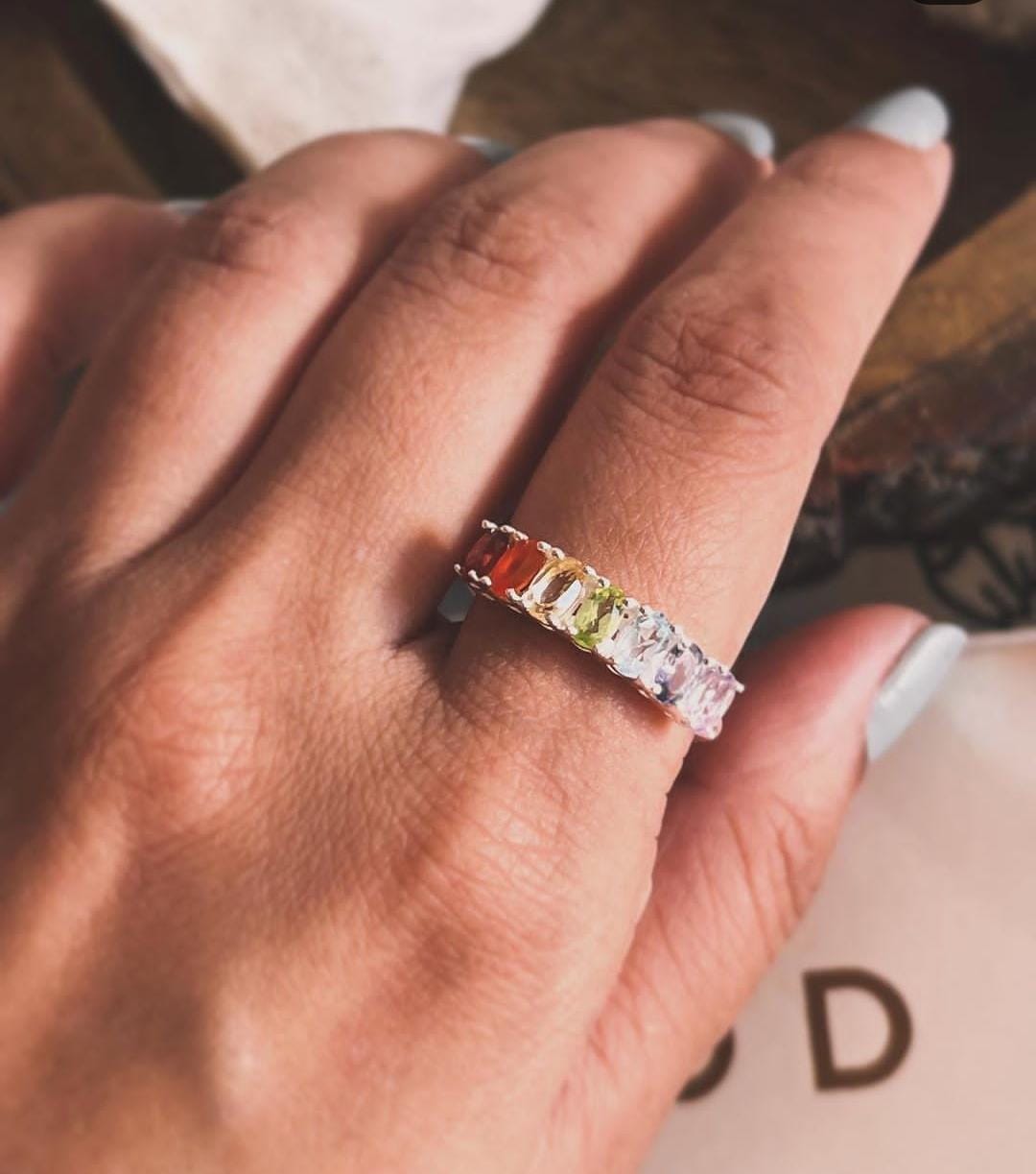 Elegant seven chakra eternity band ring in sterling silver