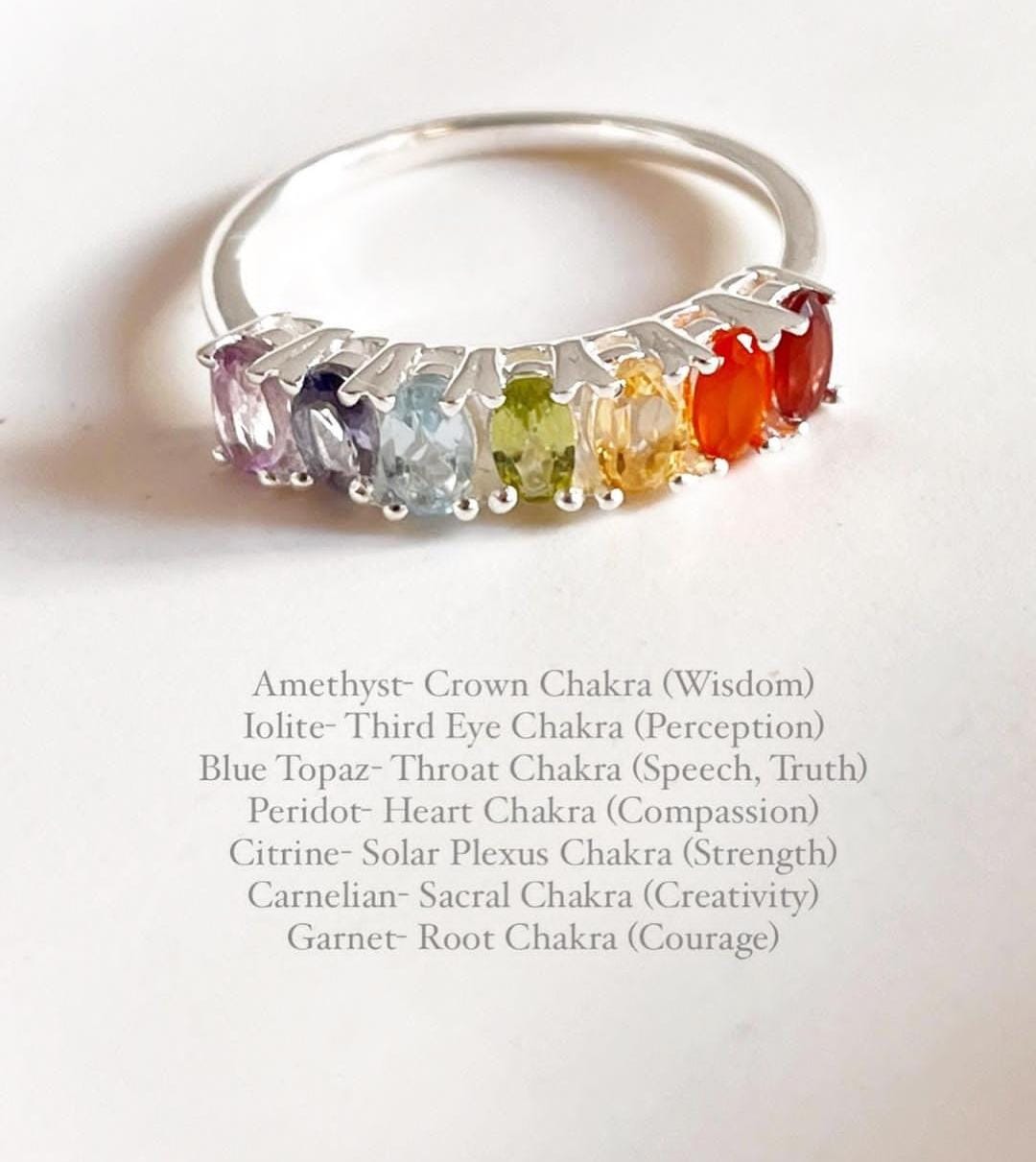 Sterling silver eternity band ring featuring seven chakra stones
