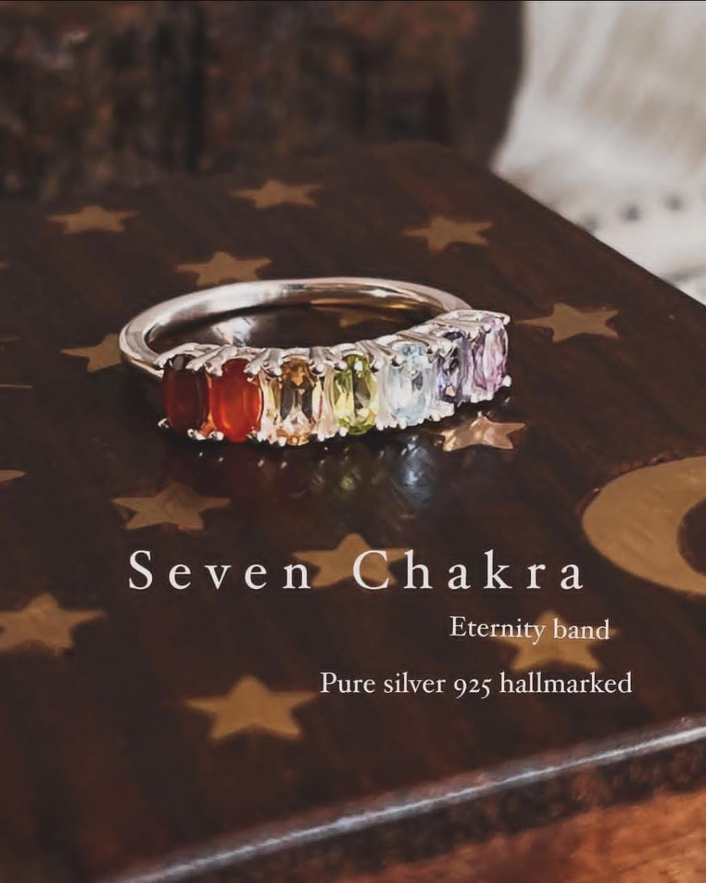 Seven Chakra eternity band silver ring with colorful gemstones