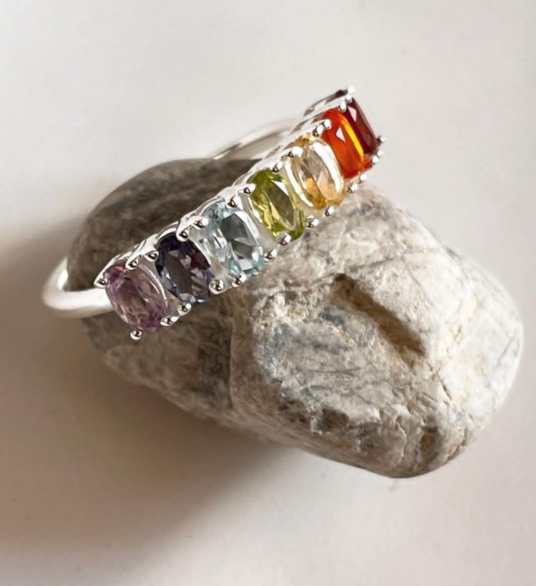 Handcrafted silver eternity band ring with seven chakra gemstones