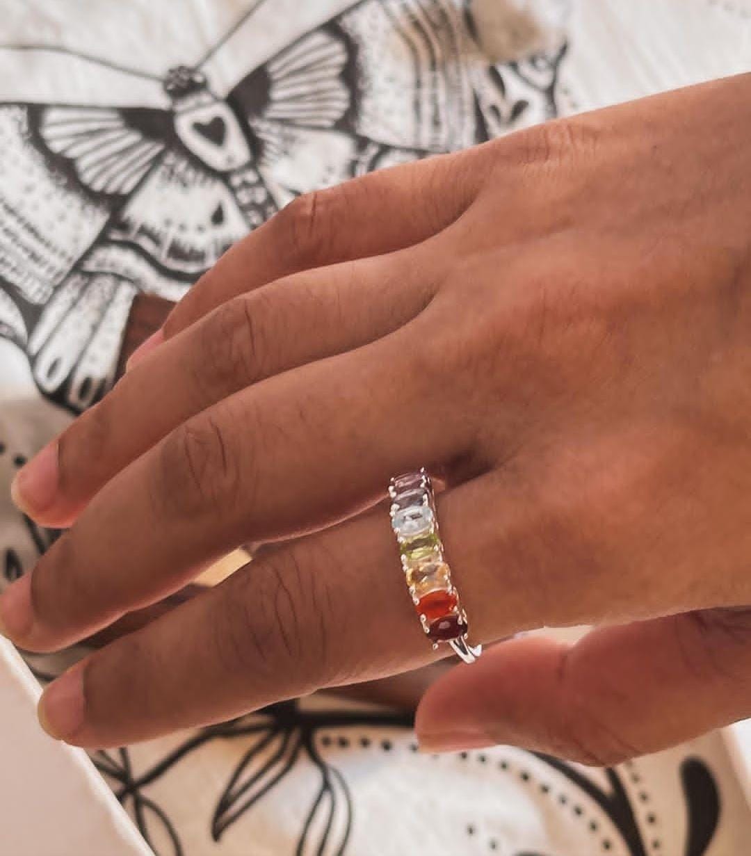 Spiritual seven chakra silver eternity band ring for healing