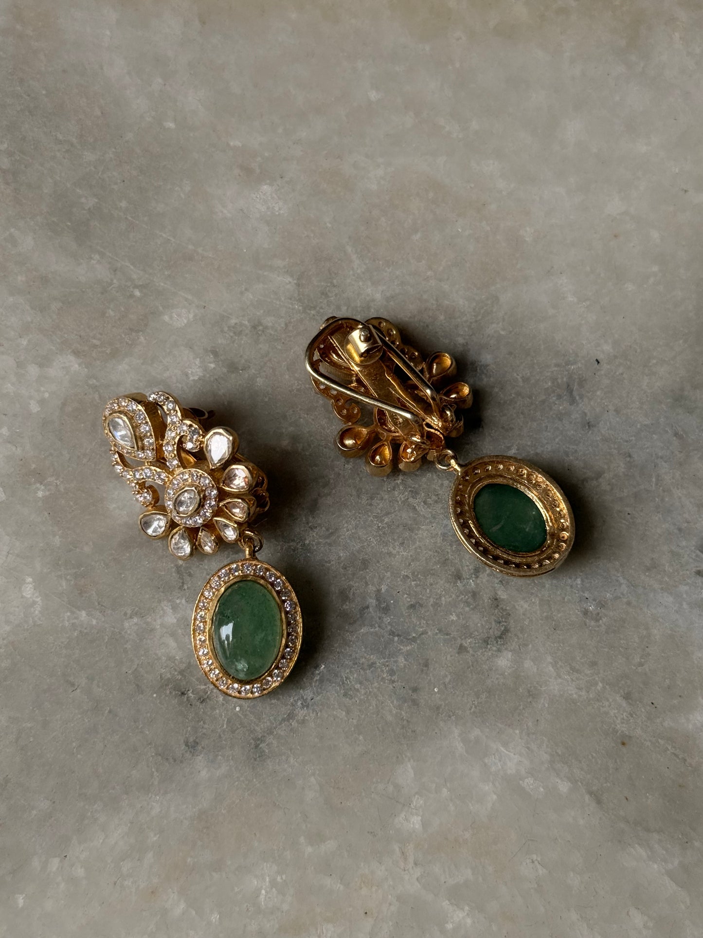 925 Sterling Silver Gold Plated Antique Moissanite Polki ,Green Onyx Oval Drop Earrings