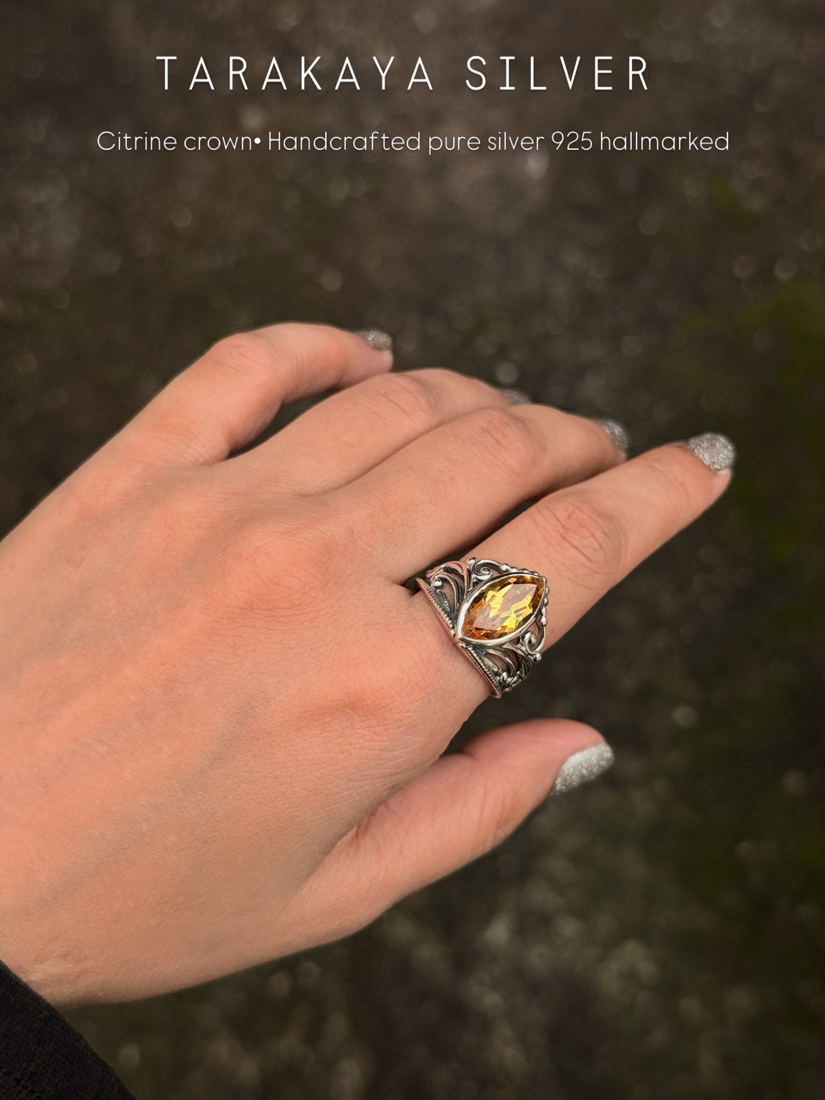925 Sterling Silver Treated Citrine Marquise Vintage Crown Ring