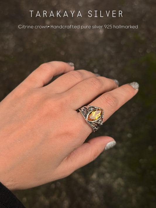 925 Sterling Silver Treated Citrine Marquise Vintage Crown Ring