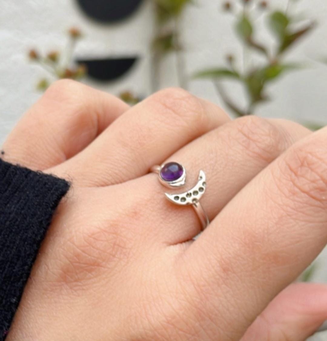 Elegant Amethyst Crescent Moon Silver Ring