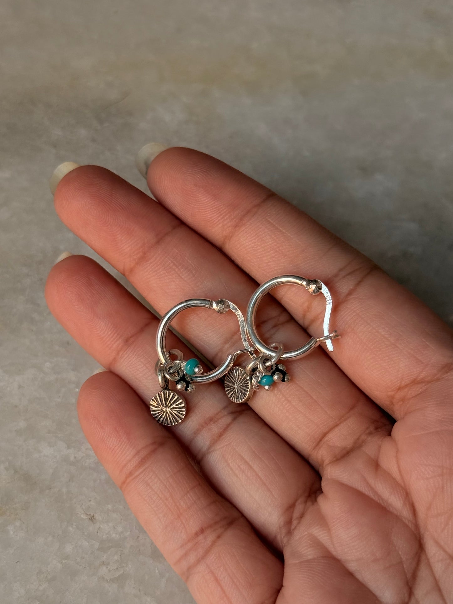 925 Sterling Silver Hill Tribe Handcrafted Coin Charm ,Rawa Tribal Charm & Blue Beads With Chain ~Removal Italian Hoops