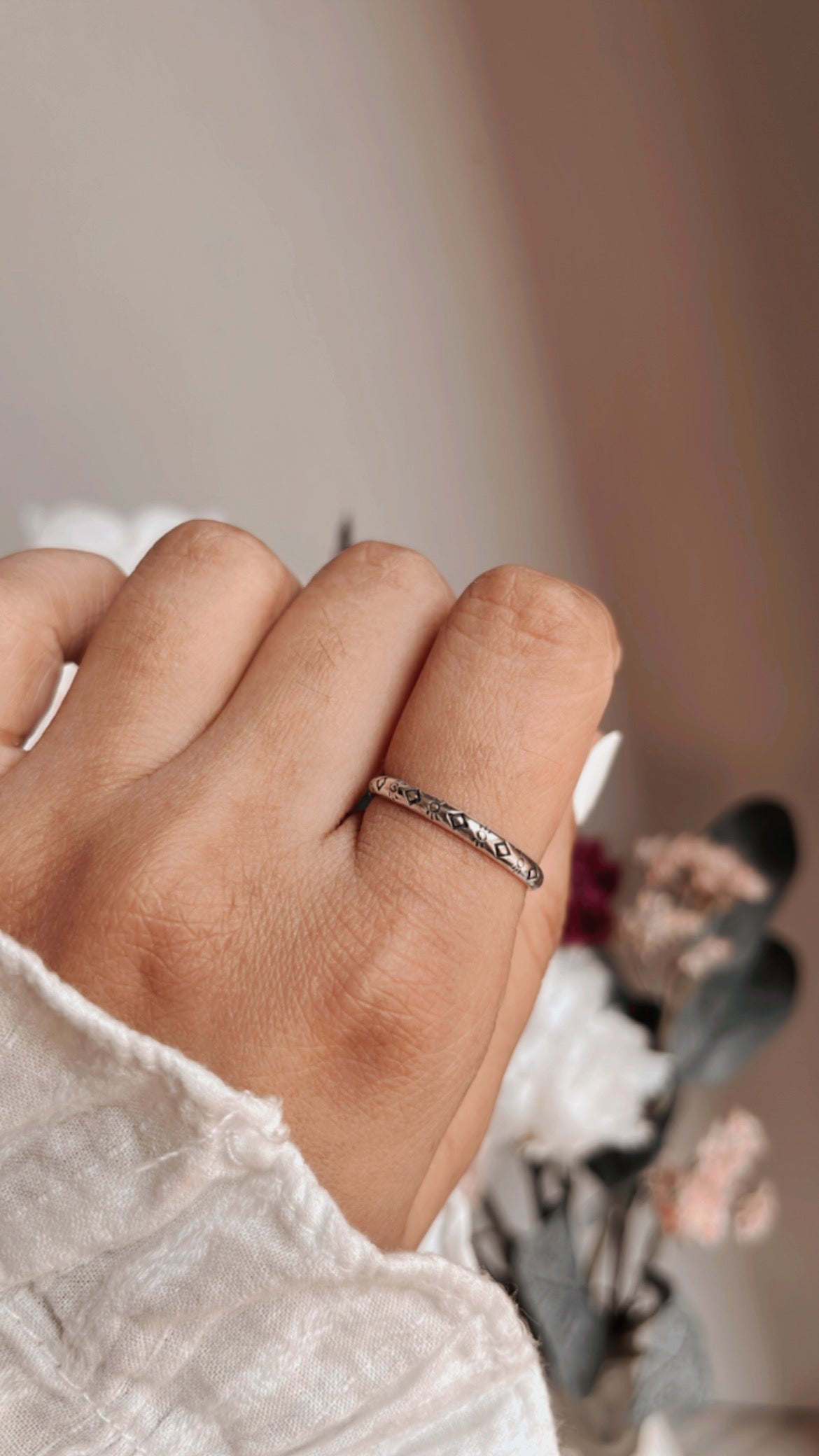 Trendy stackable tribal engraved ring in sterling silver