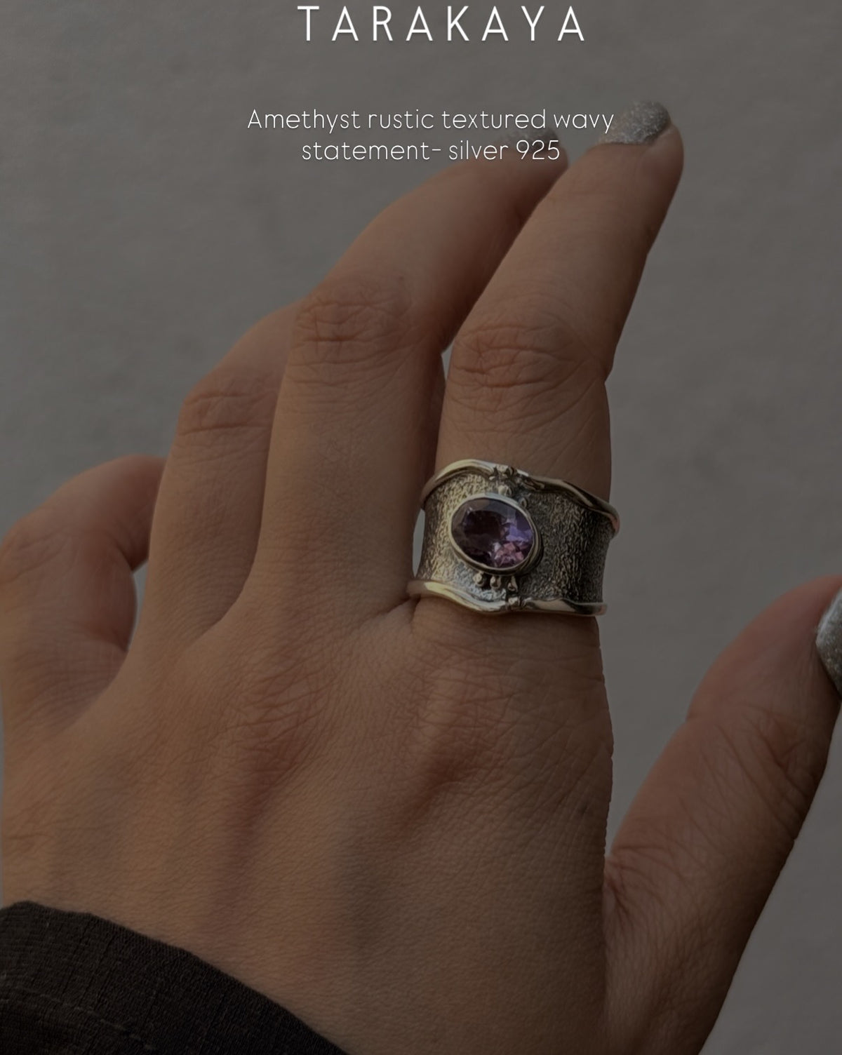 925 Sterling Silver Amethyst Textured Rustic Statement Ring