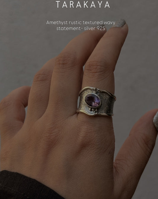 925 Sterling Silver Amethyst Textured Rustic Statement Handcrafted Ring