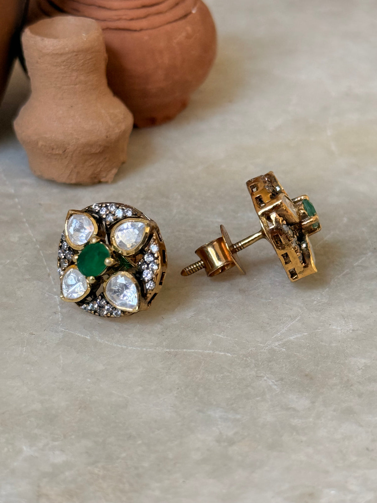 925 Sterling Silver Gold Plated Moissanite Polki Green Onyx Studs Earrings