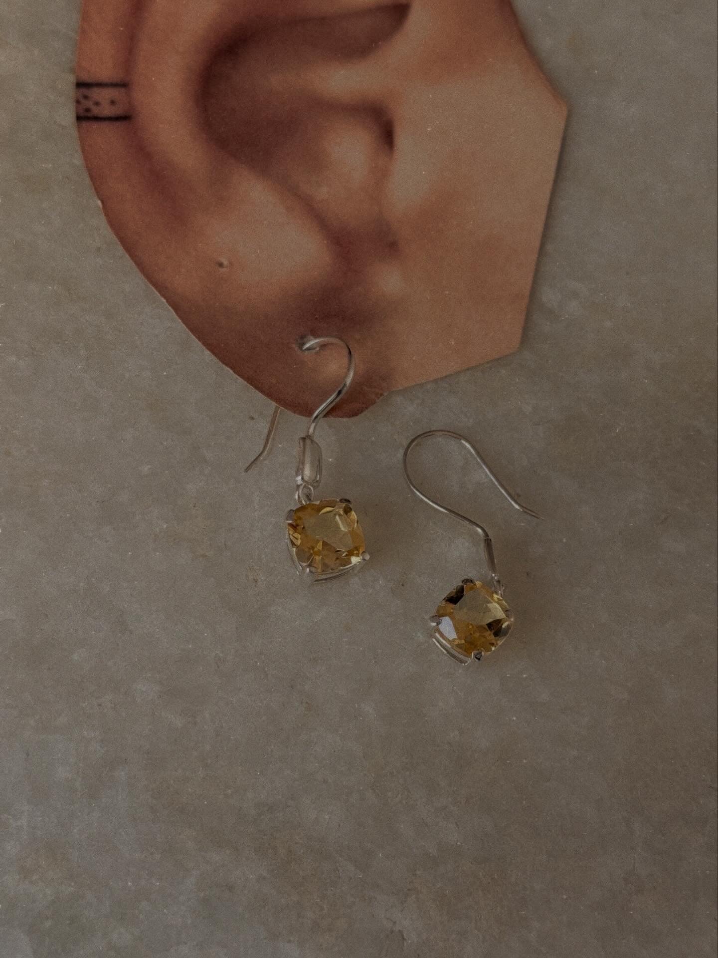 925 Sterling Silver Citrine Square Cut Hanging Earrings