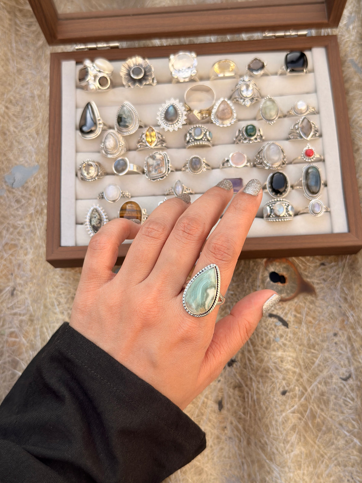 925 Sterling Silver Blue Agate Pear Boho Ring