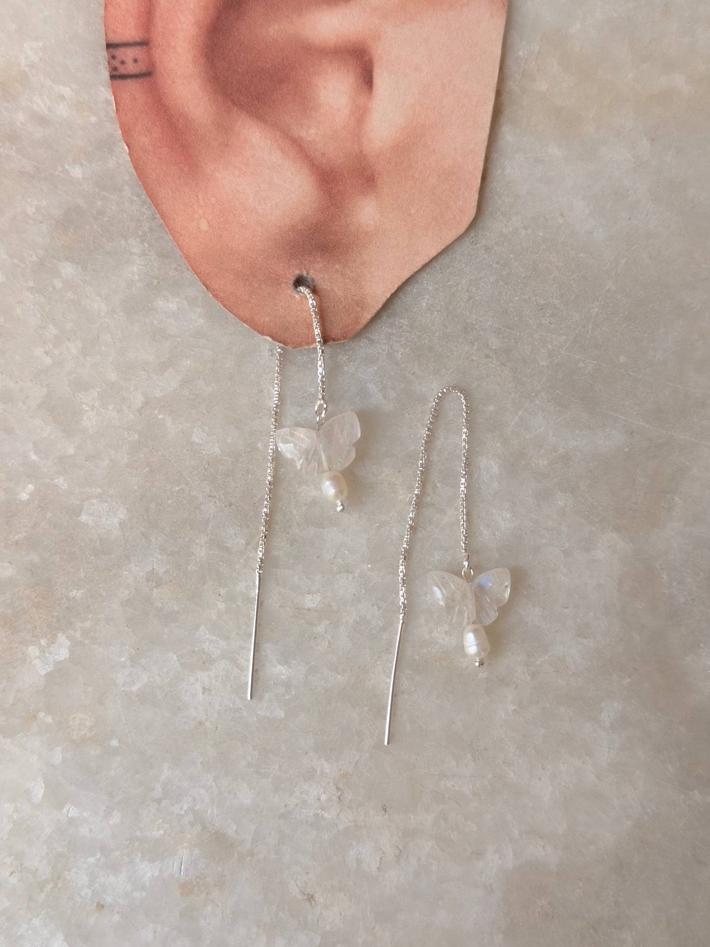 925 Sterling Silver Moonstone Butterfly & Pearls Sui Dhaga Earrings