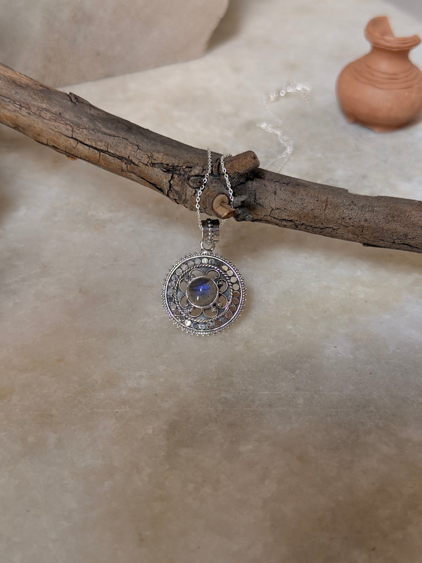 925 Sterling Silver Labradorite Mandala Boho Handcrafted Pendant
