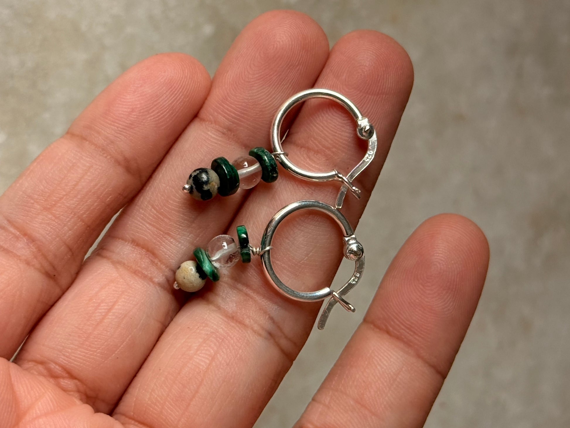 925 Sterling Silver Malachite, Quartz, Dalmation Hoops
