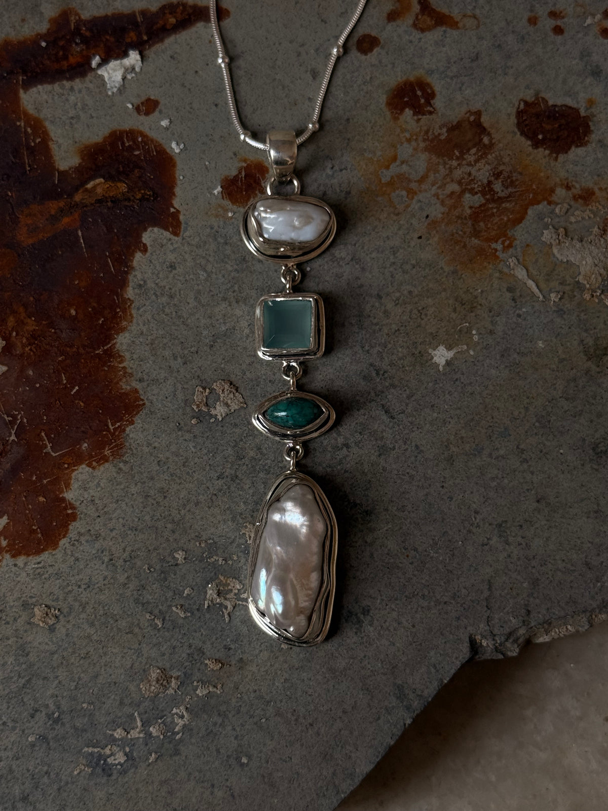 925 Sterling Silver Baroque Pearls, Aqua Chalcedony, Faux Turquoise Statement Handcrafted One of a Kind Pendant